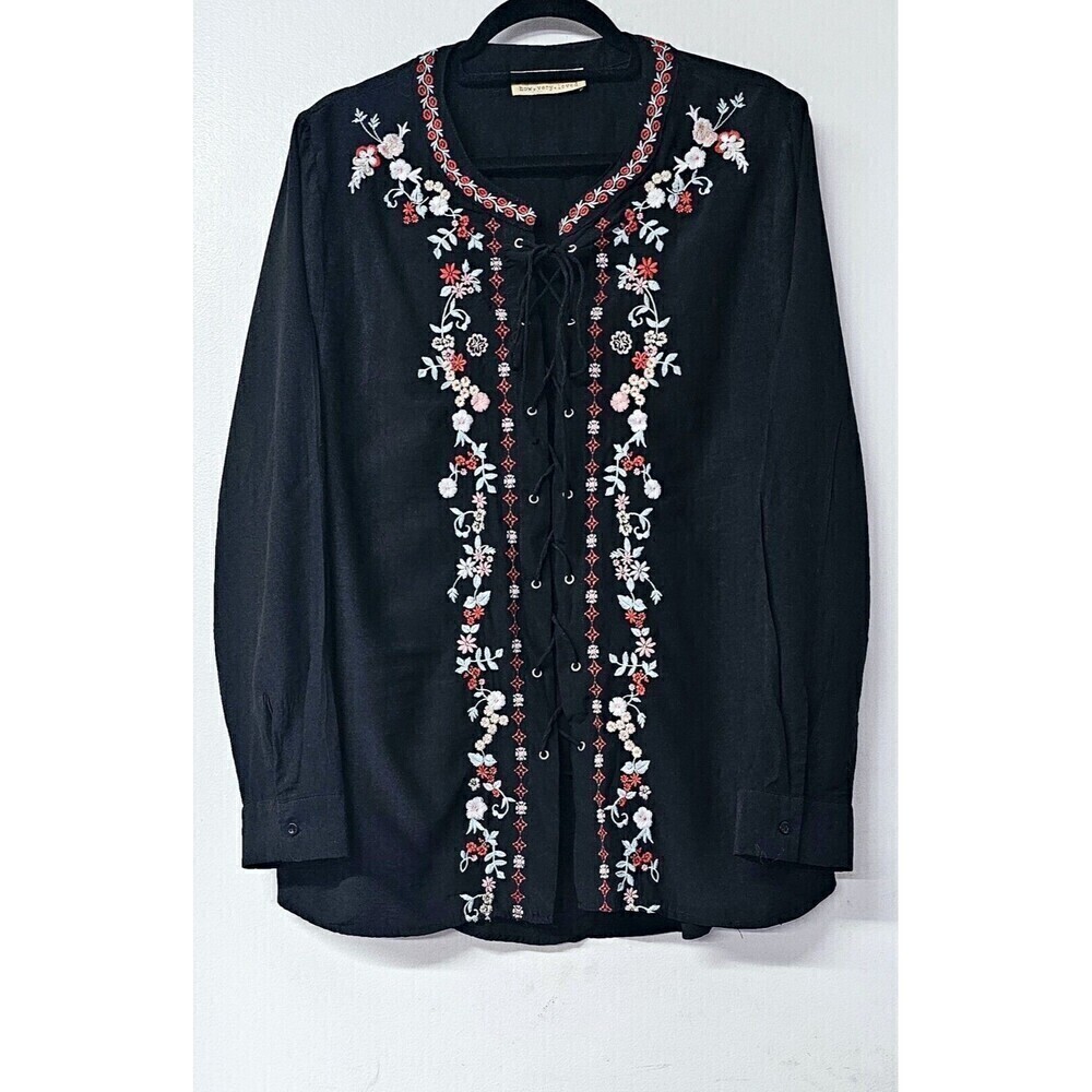 HOW VERY LOVED Black Floral Embroidered String Closure Long Sleeve Women...